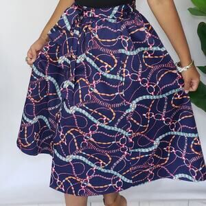 Umgee Navy Chain Print Nautical Midi A-line Skirt Size Medium EUC